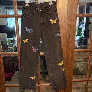 SHEIN Black Jeans with Multicolor Butterfly Embroidery